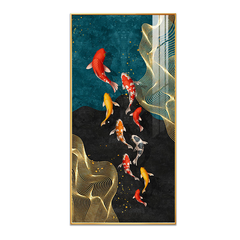 九鱼图入户玄关装饰画竖版九龙鱼挂画聚财招财玄幻壁画过道走廊画