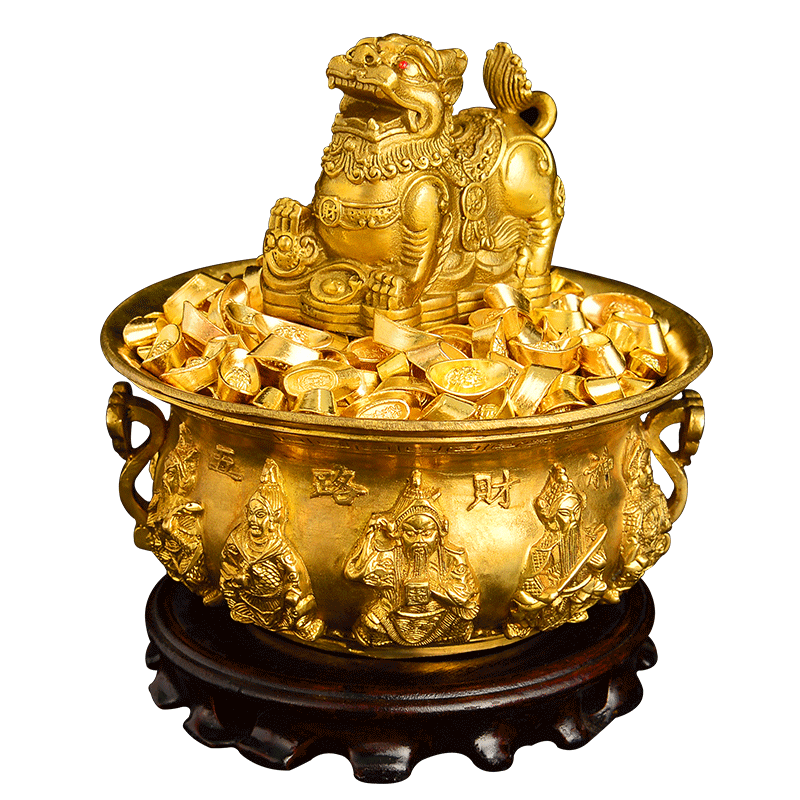 纯铜五路财神聚宝盆摆件招财开光家居客厅玄关办公室店铺摆设