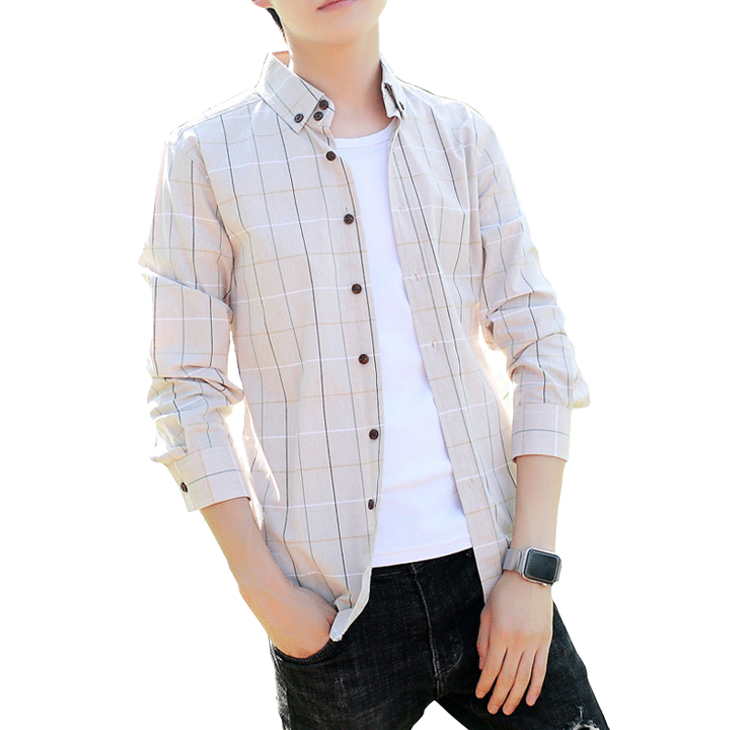 学生小方格格子衬衫男夏天薄款长袖韩版潮流帅气内搭打底衬衣外套