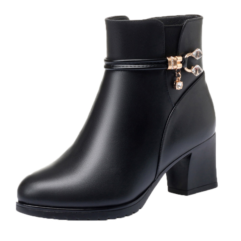 妈妈鞋短靴女秋冬季加绒真皮女士皮靴中年女靴棉鞋女皮鞋中跟女鞋