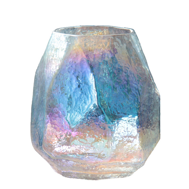 轻奢七彩透明玻璃花瓶 幻彩多面体工艺摆件 鲜花干花彩虹水纹花插