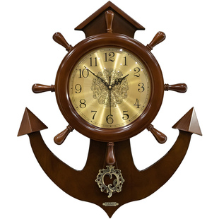 实木船舵挂钟客厅新中式时钟家用钟表创意大气美式装饰舵手石英钟 券