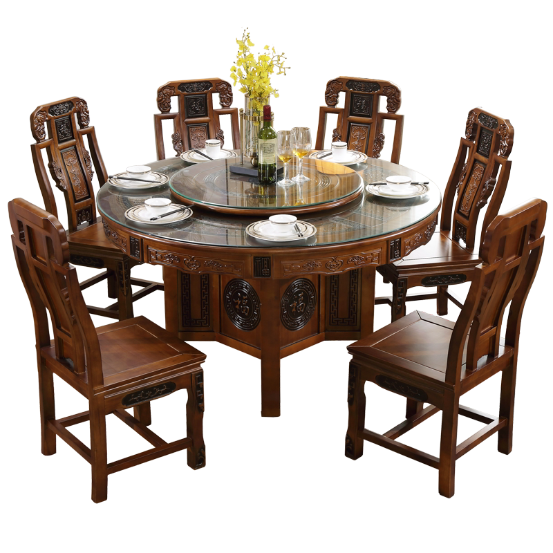 全实木圆形餐桌椅中式仿古雕花大圆桌带转盘家用10人饭桌餐桌组合