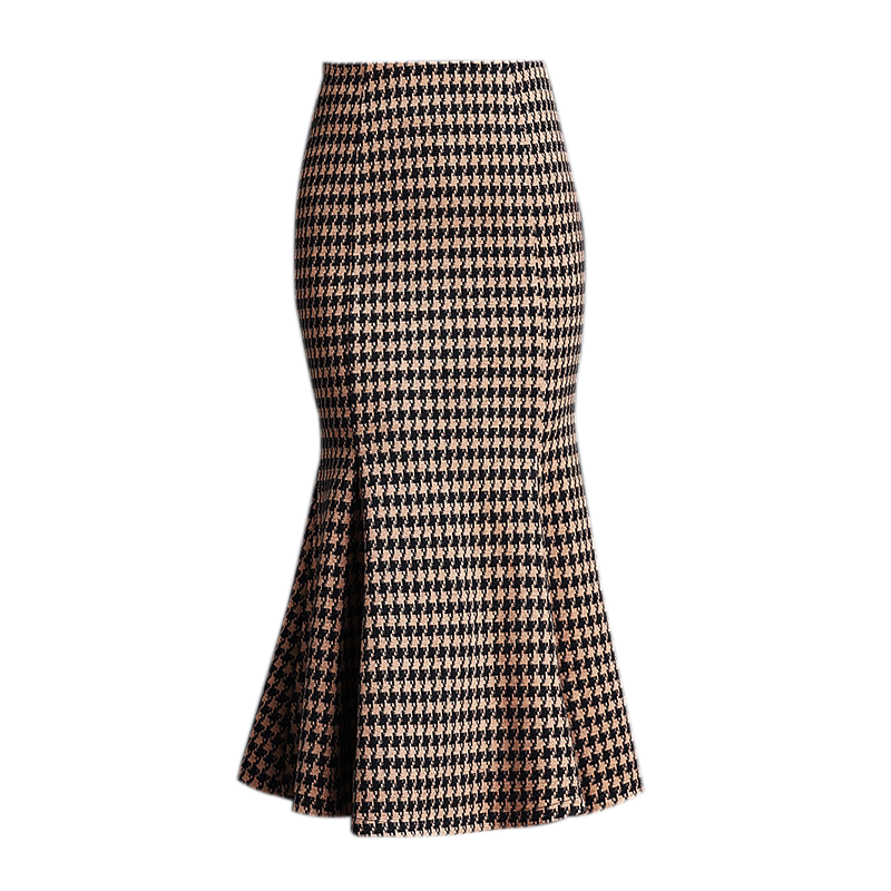 格子鱼尾裙半身裙女中长款秋冬毛呢裙2020新款高腰修身包臀一步裙