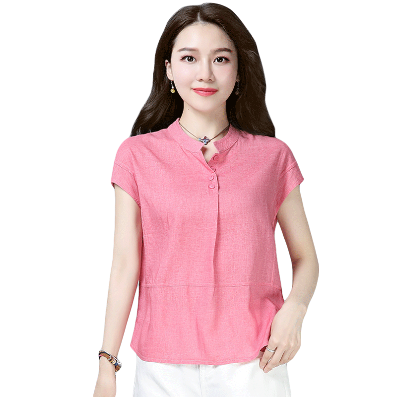 短袖t恤女早秋亚麻棉2019百搭ins女装夏季新款立领修身棉麻上衣潮