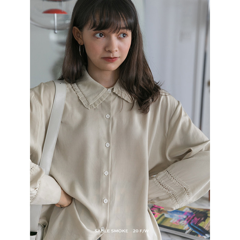 sablesmoke娃娃领衬衫女长袖杏色秋季上衣复古设计感小众法式衬衣