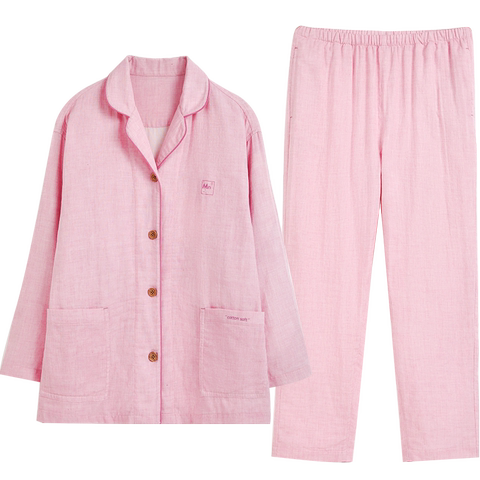 红豆纯棉睡衣男女士双层纱布日系长袖全棉薄款情侣春秋家居服套装