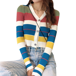 泫雅彩虹条纹秋季网红长袖针织衫