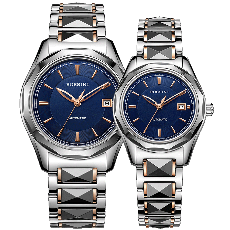 专柜罗西尼情侣手表一对机械表商务时尚蓝盘防水男女表6443/6444