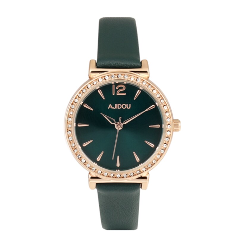 阿吉豆锆石镶嵌绿色手表女士潮流商务腕表复古经典圆盘表时尚女表