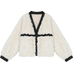 妖精的口袋皮毛一体千金风短款毛呢外套女2025年冬季新款环保皮草