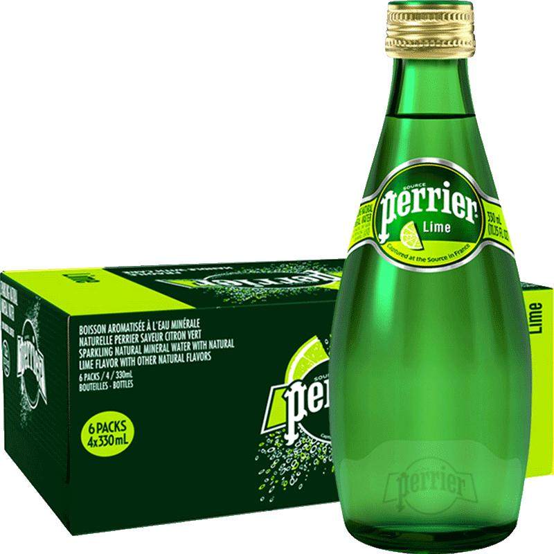 perrier巴黎水青柠味含气天然矿泉水气泡水玻璃瓶饮用水330ml*24