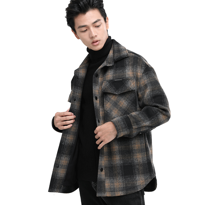格子衬衫式羊毛夹克男短款潮流格纹秋冬季男士毛呢呢子非羊绒外套