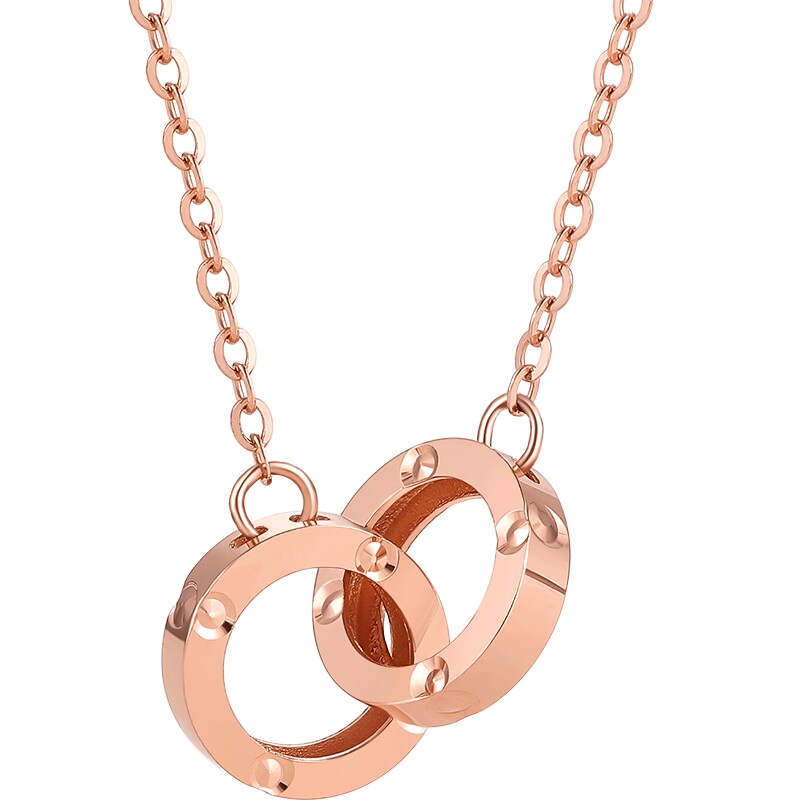 周六福18k金项链环环相扣系列玫瑰金多彩金双环锁骨链