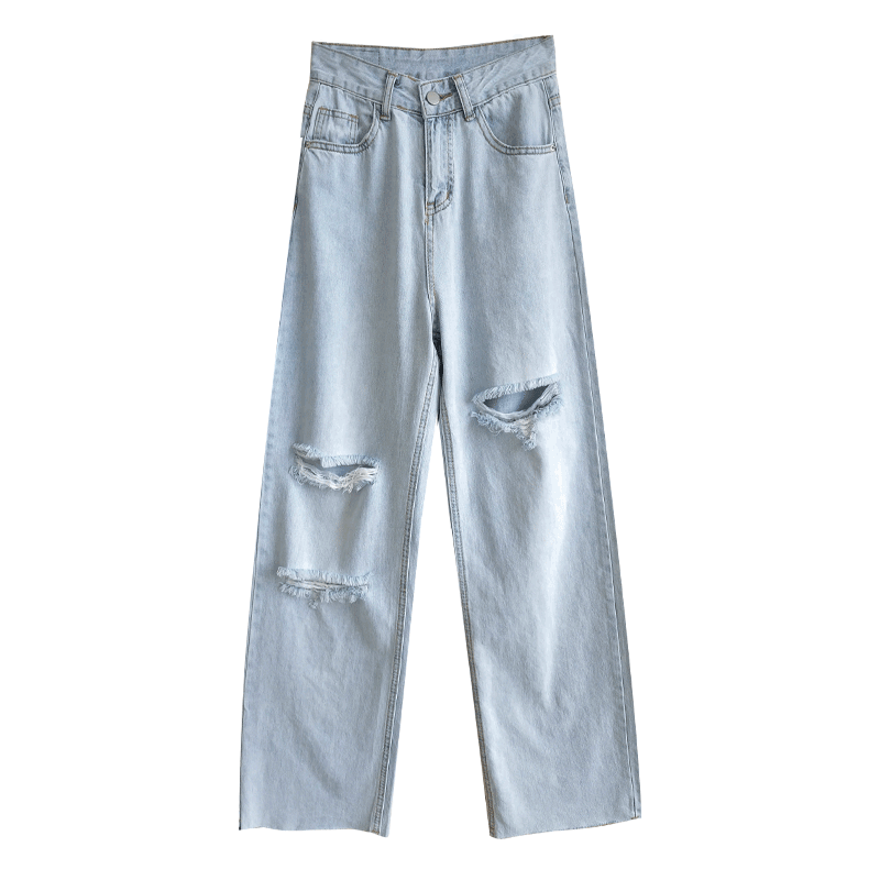 直筒牛仔裤女高腰破洞cec宽松超火泫雅同款坠感阔腿拖地裤子夏薄