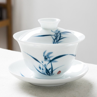 。手绘三才盖碗茶杯景德镇白瓷单个青花瓷功夫泡喝敬沏陶瓷茶具中
