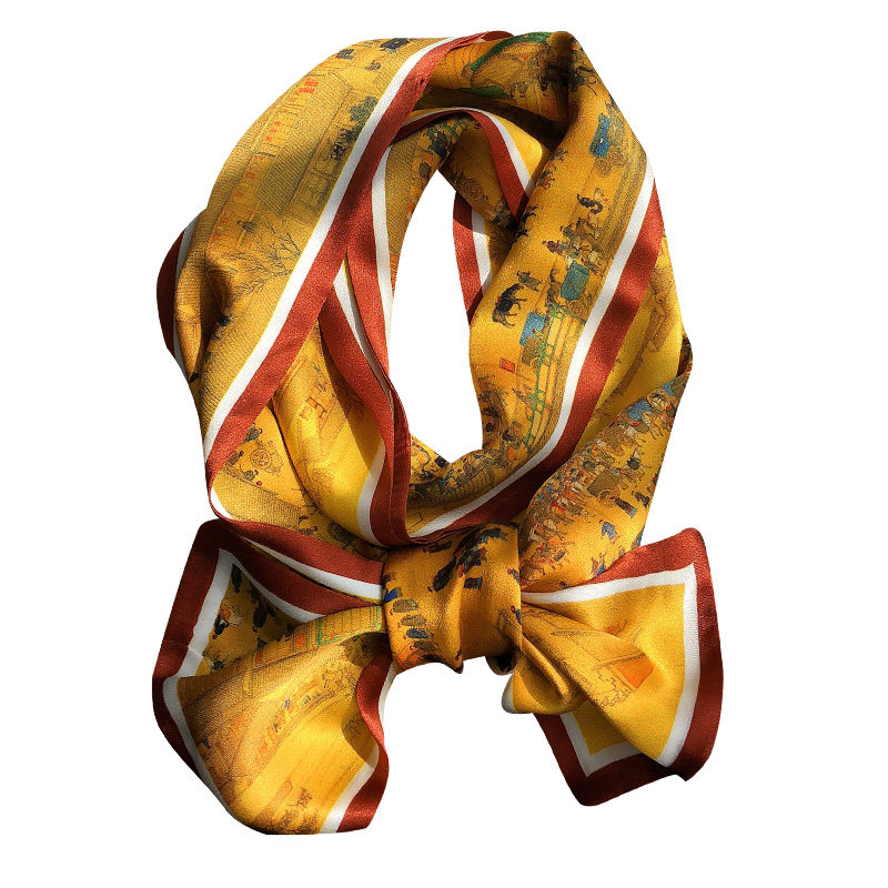 古典气息真丝围巾女春夏季繁华景象长款桑蚕丝丝巾双层双面飘带