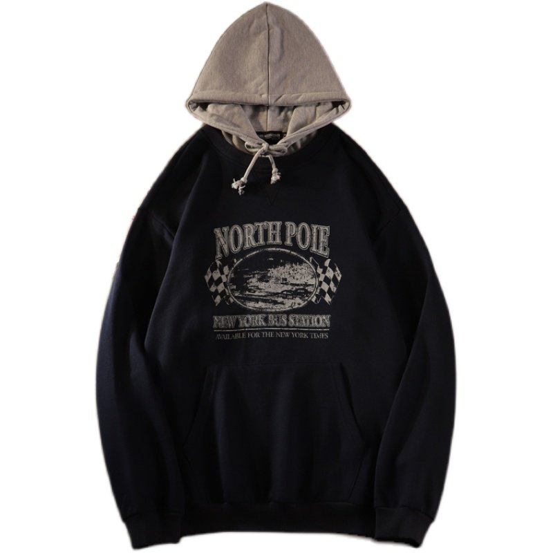 美式古着vintage假两件卫衣女宽松潮ins高街oversize薄款连帽外套