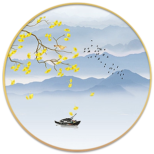 新中式圆形装饰画花鸟风景壁画客厅茶室挂画家庭餐厅晶瓷画玄关画