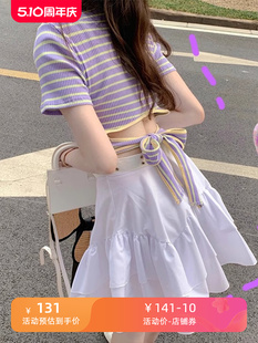 紫色条纹短袖T恤女夏季甜辣高腰漏脐蝴蝶结绑定短款洋气卡腰上衣