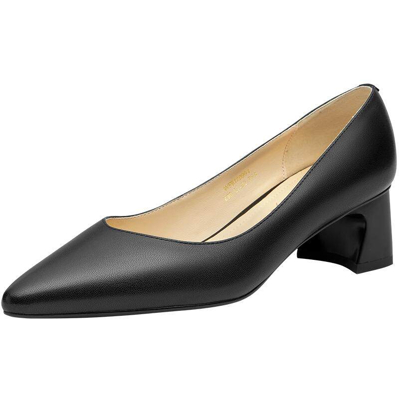 红蜻蜓皮鞋女2022春夏新款通勤粗跟黑色职业鞋浅口单鞋女wfb12099