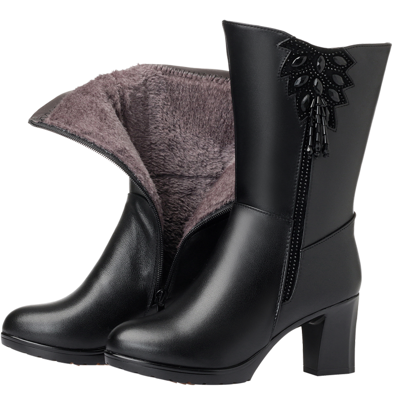 中年女靴子秋冬女士高跟马靴中跟皮靴羊毛妈妈棉靴粗跟真皮中筒靴