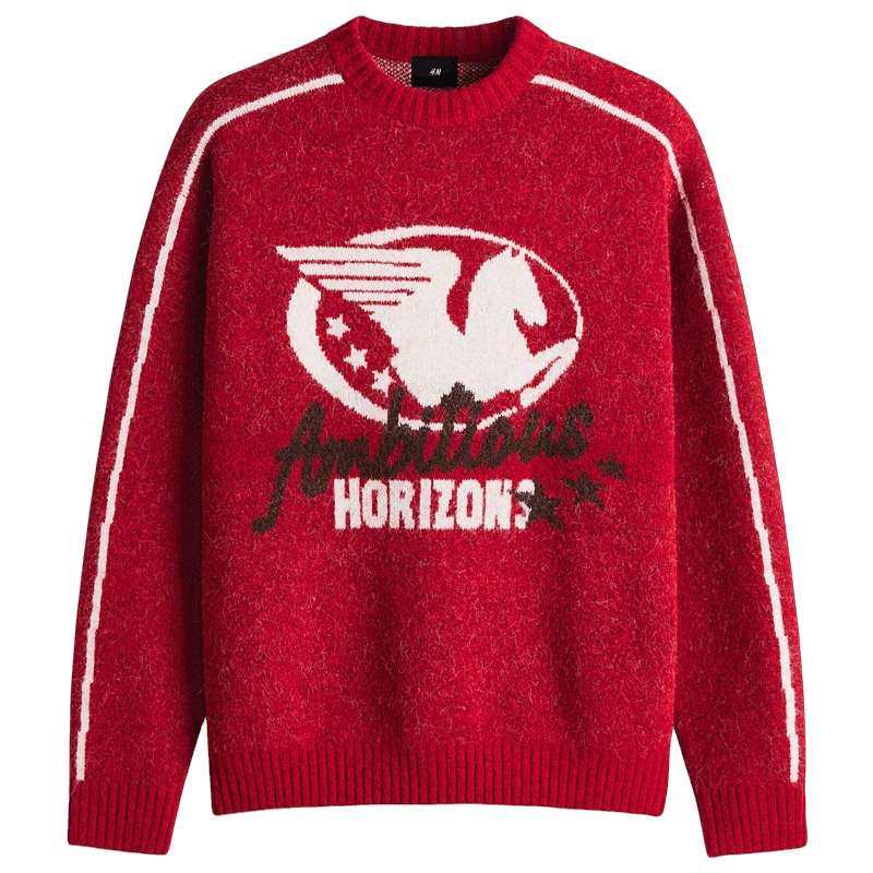 【新年系列】HM男装毛衣红色马年本命年宽松提花针织套衫1307984