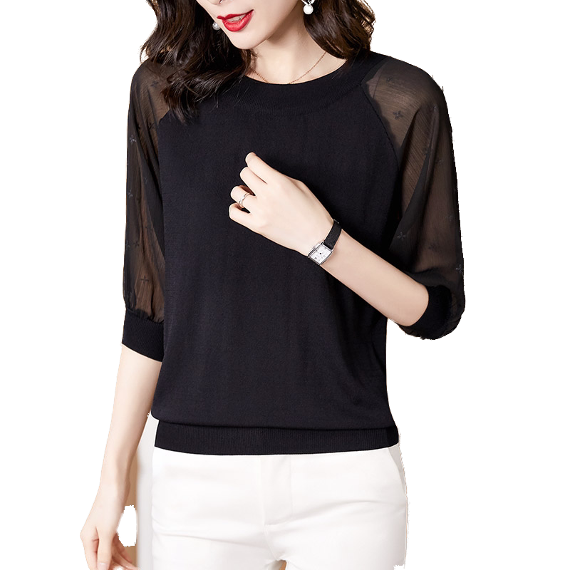 长袖冰丝针织衫女秋冬2020新款大码宽松打底洋气上衣圆领网纱t恤 - 姿