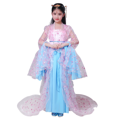 儿童古装汉服女孩女童唐朝公主贵妃拖尾舞台走秀表演演出服装春夏