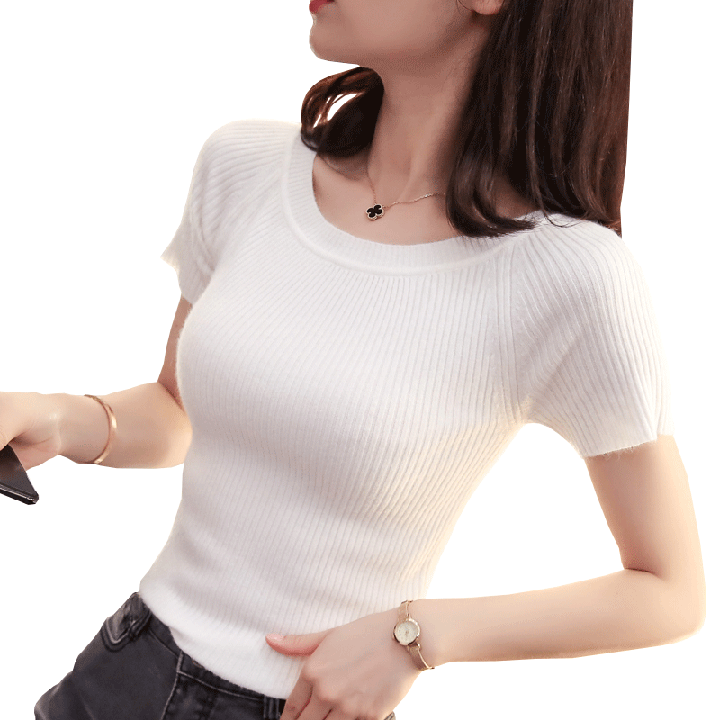 短袖女装低领上衣纯色修身打底衫短款紧身针织衫春秋薄款毛衣套头