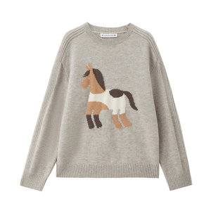 设计师款佐丹奴童趣风毛衣女拼色小马提花宽松圆领针织衫18355718