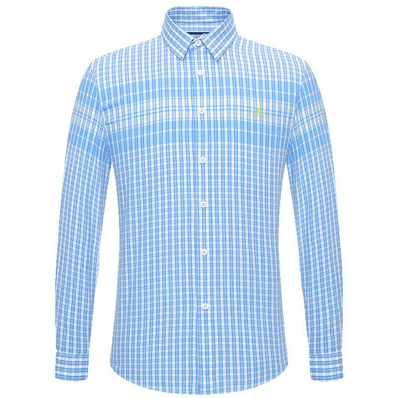 navigare意大利小帆船秋季男士衬衫长袖纯棉休闲寸衫蓝色格子衬衣