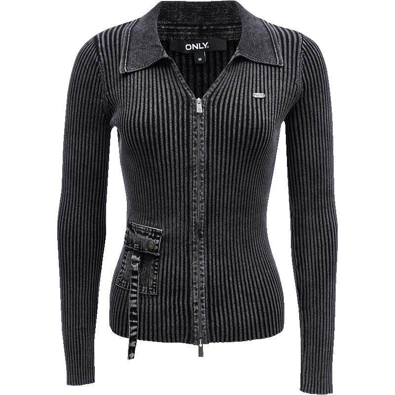 ONLY2025秋冬新款做旧水洗口袋装饰V领正肩修身开衫长袖针织衫女