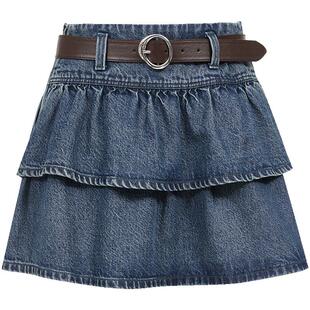 ONLY2025秋冬新款显瘦A字双层荷叶裙摆设计高腰短裙牛仔半身裙女