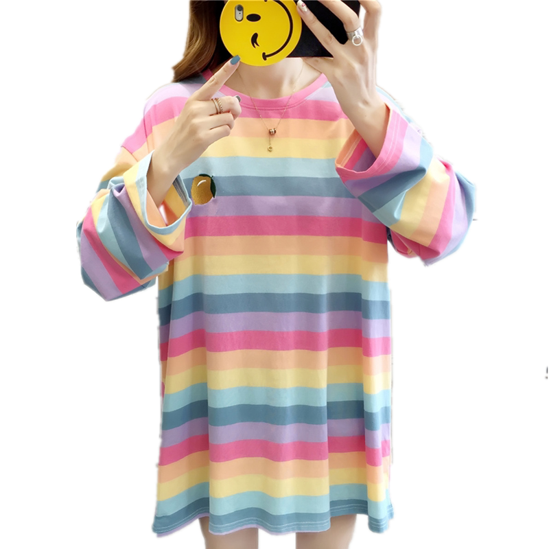 彩虹条纹中长款纯棉长袖t恤女2020早春新款韩版宽松大码胖mm上衣 - 麦