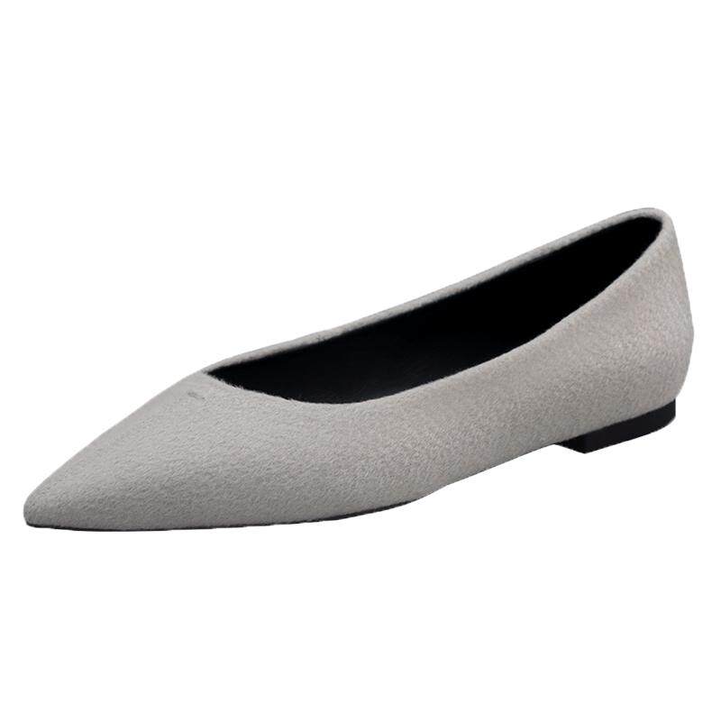 烫社交女鞋浅灰色呢子牛皮软平底鞋缝线舒适百搭通勤单鞋子春季
