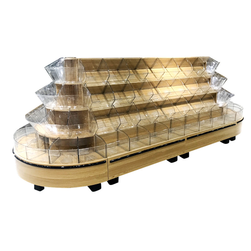 超市木质四层散称零食柜散装休闲食品糖果饼干干货货架圆形展示柜