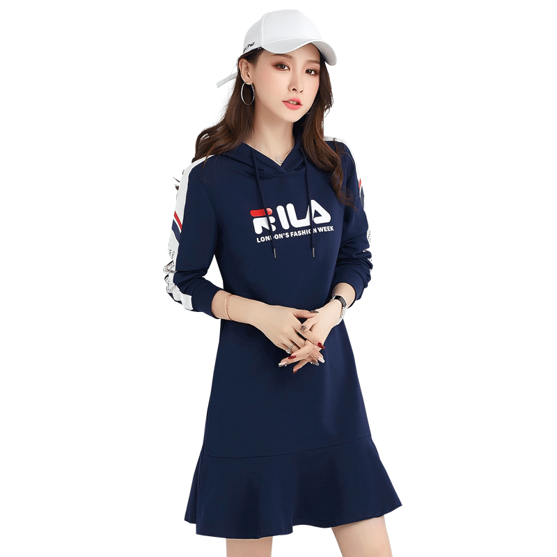 春秋款运动连衣裙女休闲裙长袖连帽中长款羽毛球裙子女网球裙卫衣