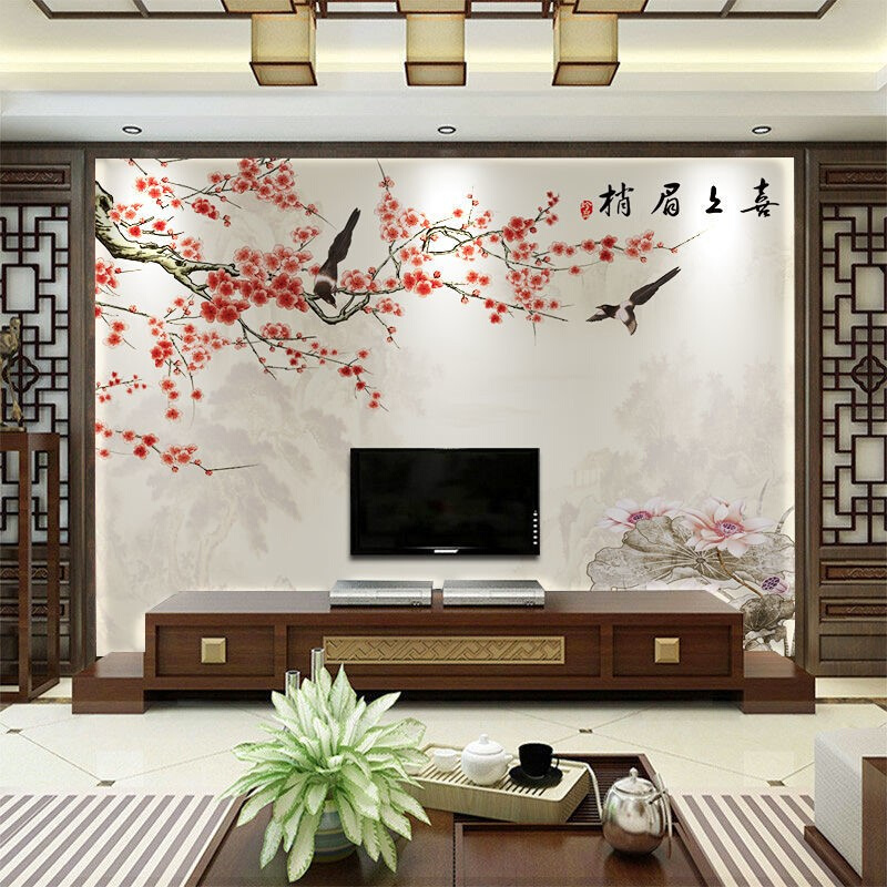 新中式8d简约电视背景墙壁纸客厅装饰画沙发书房墙布喜上梅梢壁布