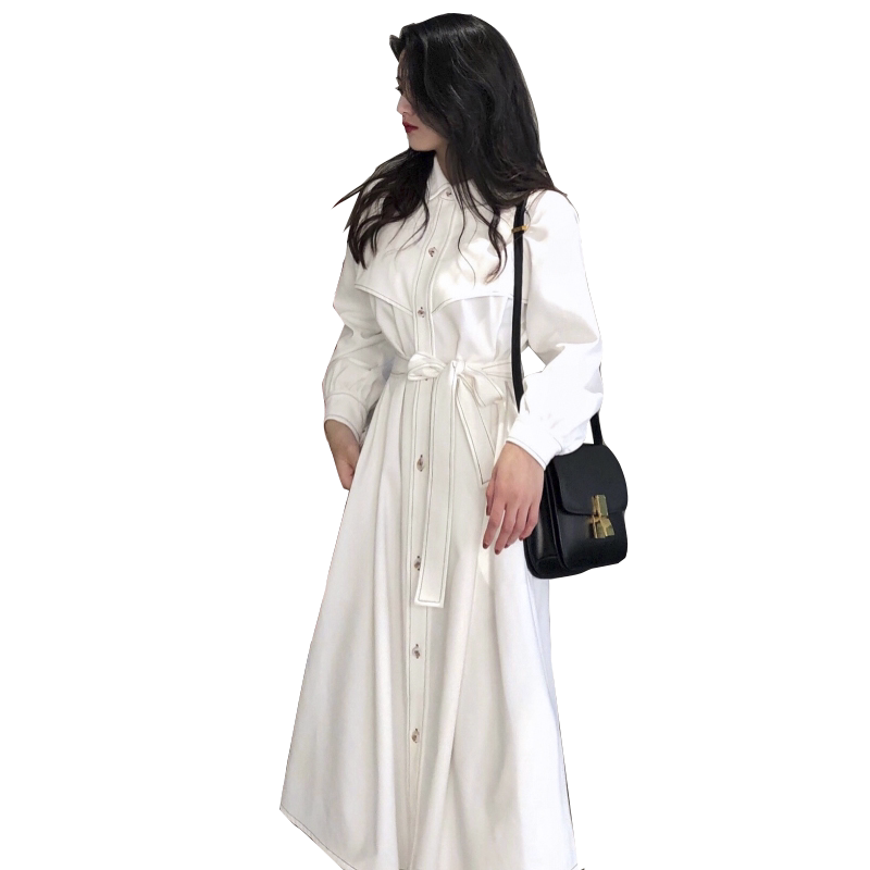 白色衬衫长款连衣裙收腰显瘦气质温柔风法式复古单排扣时尚长裙女