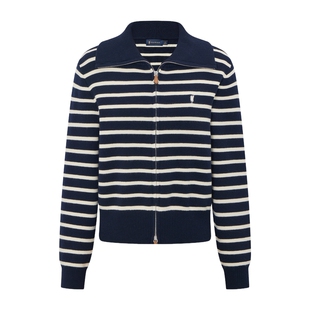 【含绵羊毛】POLOWALK女士polo领开衫秋冬新款条纹针织衫薄款外套