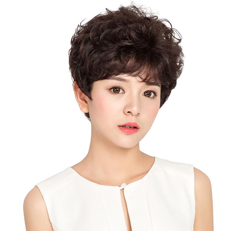 手织真发假发女短发短卷发真人发丝中老年妈妈假发全头套式自然型