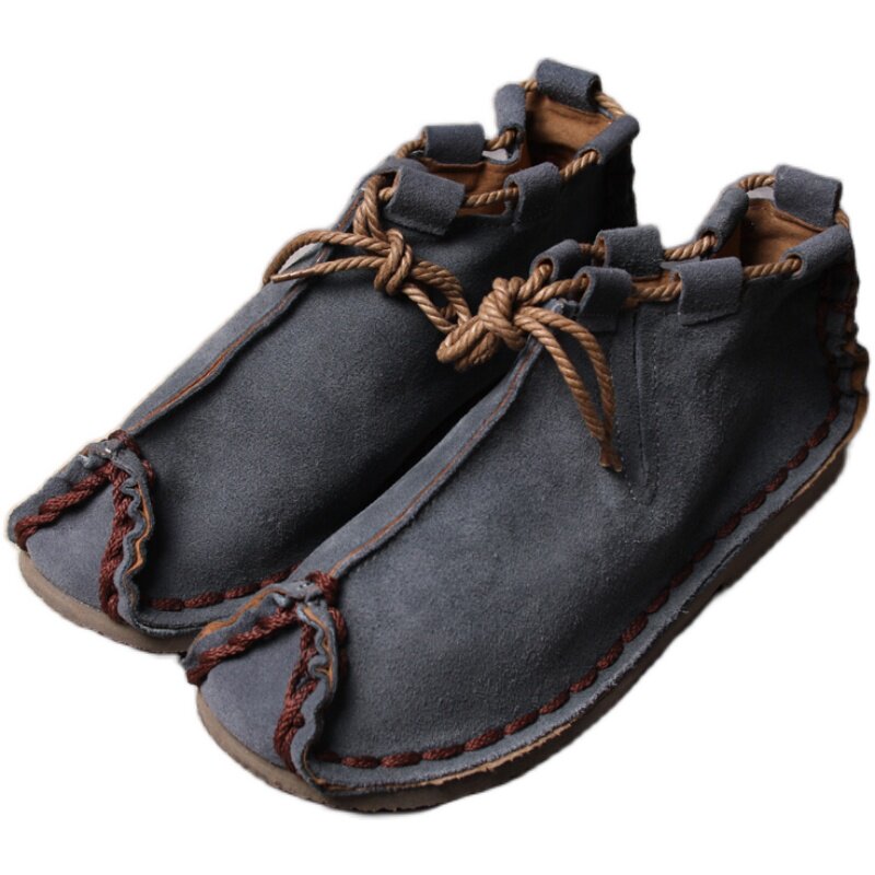 春秋季中国风磨砂翻毛鞋复古反绒皮软底高帮休闲男鞋手工牛皮鞋男-男