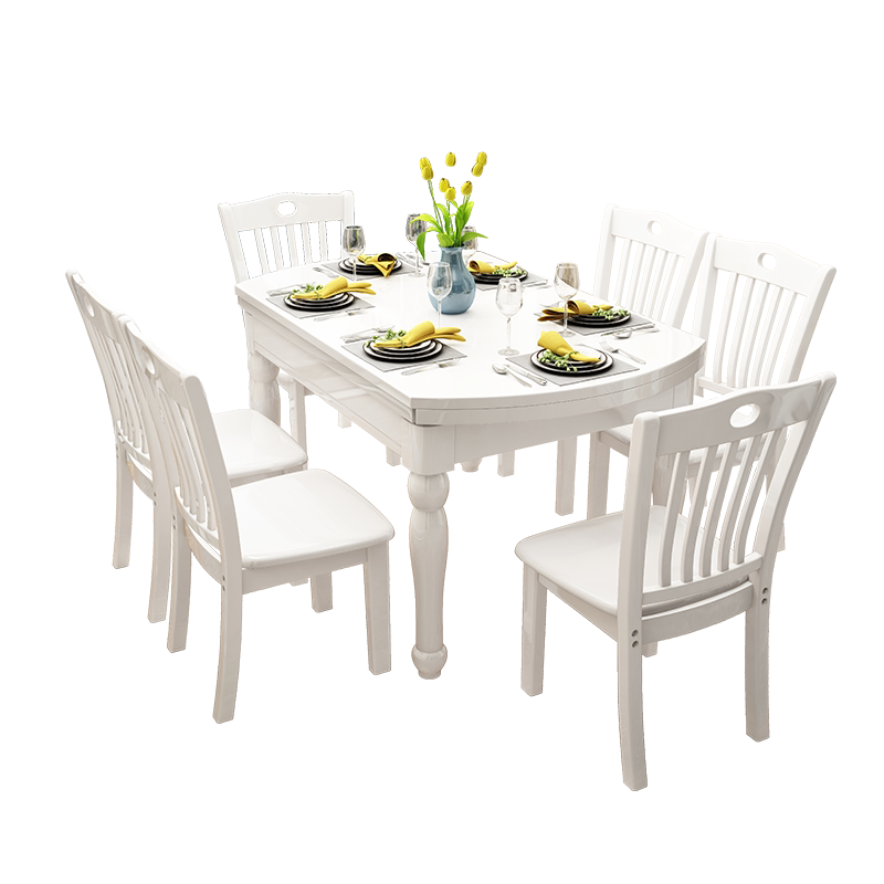 韩式田园白色实木餐桌椅组合4 6人 可伸缩圆桌小户型家用吃饭桌子