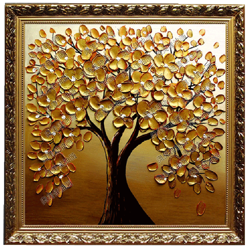 餐厅油画发财树客厅挂画卧室玄关抽象招财树立体装饰画金钱树壁画