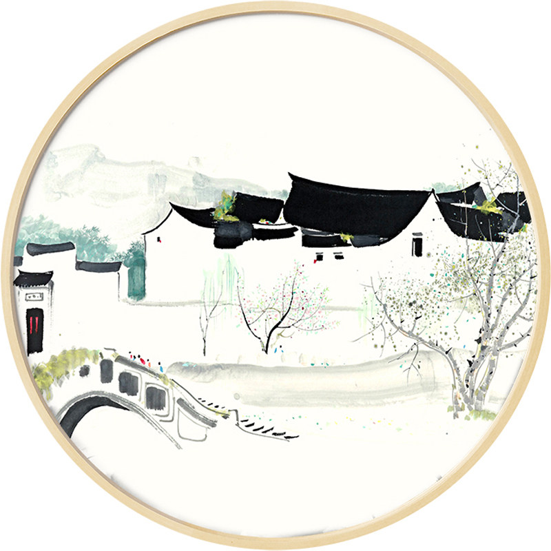 吴冠中江南水乡装饰画客厅背景墙壁画圆形水墨画新中式茶室挂画