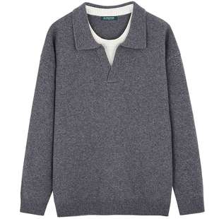 柏品山羊绒撞色海鸥领毛衣男2025冬新假两件保暖高克重套头羊毛衫