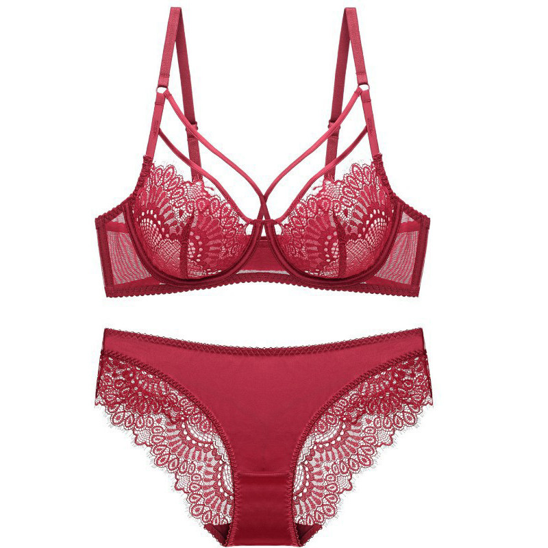 本命年性感蕾丝超薄款大码文胸红色女结婚内衣套装新娘胸罩de冬季