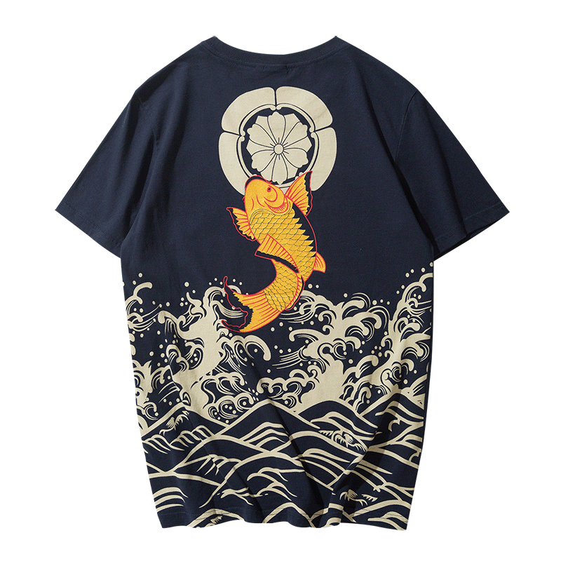 夏季新款男士原宿日系海浪印花鲤鱼烫金短袖t恤青少年半