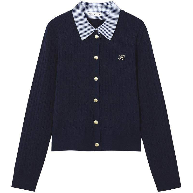 热风针织开衫2025年秋季新款女士修身假两件POLO领细密绞花针织衫